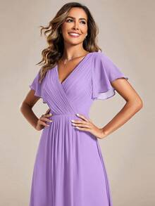 Đầm phù dâu bằng chiffon dáng dài ngắn thanh lịch dành cho nữ, cổ chữ V, tay bồng, thích hợp cho đám cưới mùa hè. - Màu Lilac Tím - Xem 5