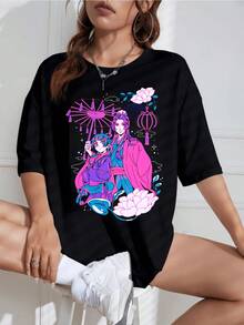 Camiseta Unisex con Estampado de Anime Retro, Cuello Redondo, Manga Corta, Diseño Vintage, Ideal para Fans - Negro - Ver 1