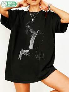 100% Cotton Graphic T-Shirt, King Of Pop Vintage Black And White T-Shirt With Glove Signature, Casual Short Sleeve Crew Neck Top For Music Fans, Oversized Streetwear. - Black - View 1
