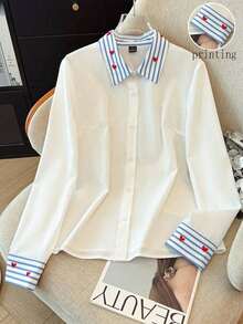 Camisa de efecto de mezclilla de parchwork casual para mujer, otoño/invierno - Blanco 2 - Ver 3