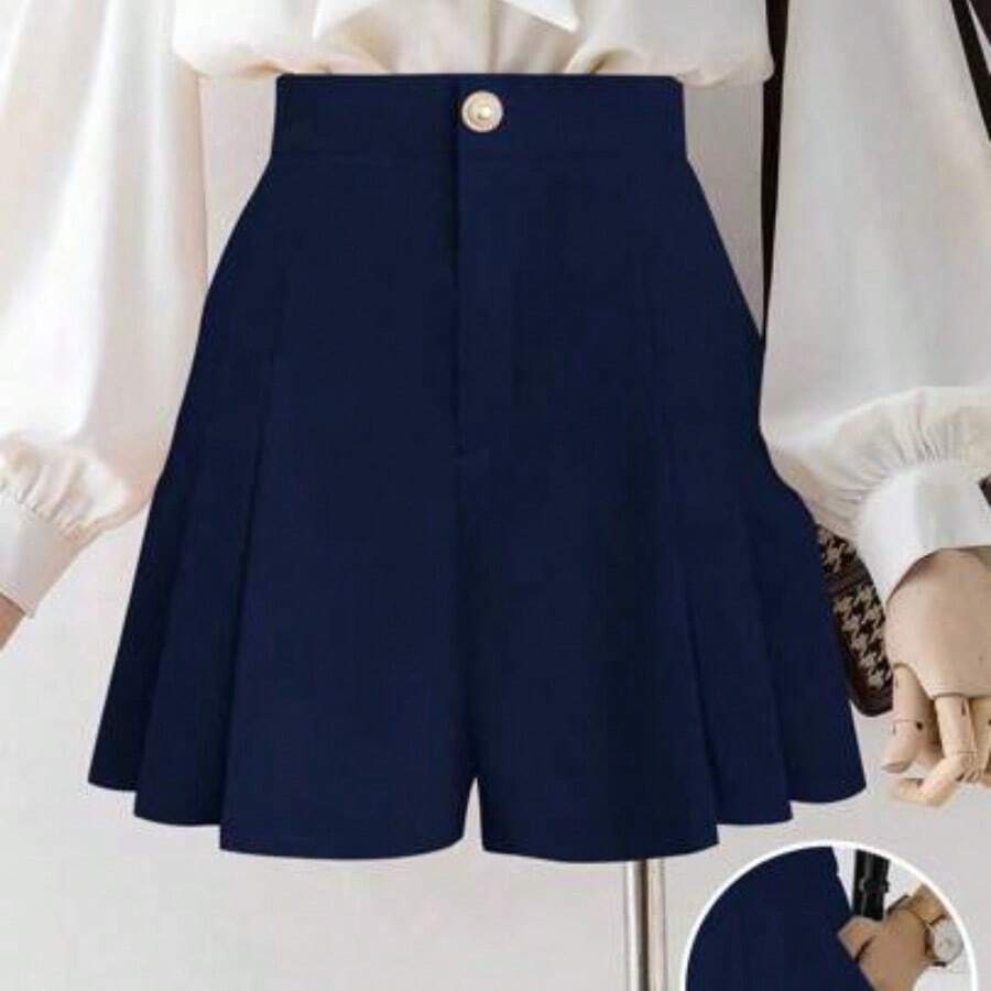 New Women's Woven Fabric Pleated A-Line Front Zipper Back Elastic Waist Slimming Mid-Waist Casual Comfortable Elegant Shorts - Azul Marino - Ver 1