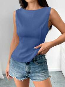 Camisa sin mangas con lazo en la espalda de unicolor, elegante, casual, sexy y minimalista para uso en la oficina y negocios para mujeres, primavera/verano - Azul - Ver 5