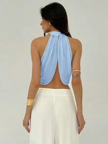 Blusa elegante y sexy para mujer con cuello cruzado, fruncido en la espalda y botones, de estilo casual y de vacaciones, de gasa - Celeste - Ver 2