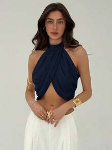 Blusa elegante y sexy para mujer con cuello cruzado, fruncido en la espalda y botones, de estilo casual y de vacaciones, de gasa - Azul marino - Ver 10