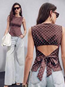 Camisa sin mangas con lazo en la espalda de unicolor, elegante, casual, sexy y minimalista para uso en la oficina y negocios para mujeres, primavera/verano - Marrón Chocolate - Ver 3