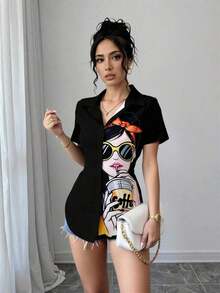 Blusa de mujer con estampado de chica de moda, manga corta y abotonadura, top de manga corta - Negro - Ver 5