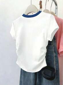 Camiseta casual de mujer con cuello redondo, manga corta y estampado de búho de dibujos animados plisado - Blanco - Ver 2