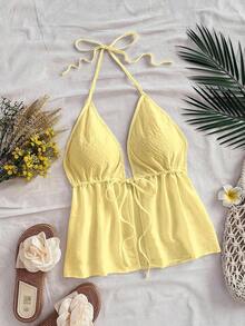 Blusa sin mangas con cuello halter y lazo en la espalda, adecuada para el verano - Amarillo - Ver 7