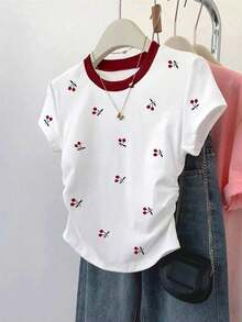 Blusa casual de mujer, con diseño estampado de cerezas elegante, cintura fruncida favorecedora, adecuada para verano, vuelta al colegio, uso diario, fiesta, cita, que llama mucho la atención - Blanco 4 - Ver 5