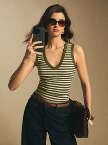 Camiseta de tirantes casual a rayas para mujer, de verano - Verde - Ver 6