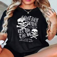 Women's Grunge Skull Print Cotton T-Shirt, Short Sleeve Round Neck Casual Top for Fall Style - Negro - Ver 1
