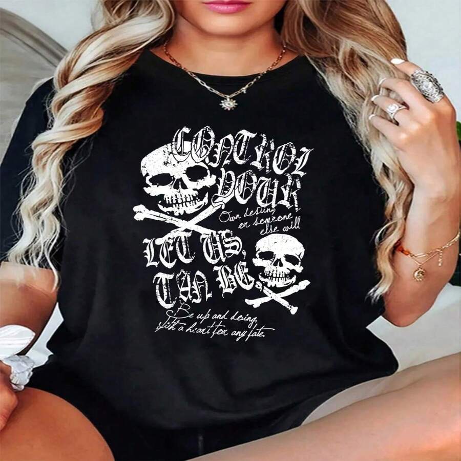 Women's Grunge Skull Print Cotton T-Shirt, Short Sleeve Round Neck Casual Top for Fall Style - Negro - Ver 1