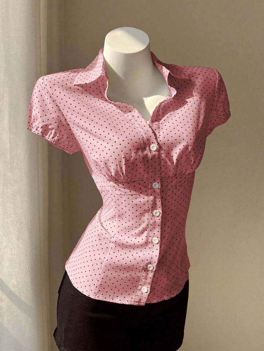 Camisa de mujer con cuello en V, cintura fruncida y manga corta, color blanco, para primavera/verano - Rosa 3 - Ver 1
