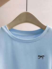 Camiseta casual de mujer con mangas raglán, estampado de lazo y contraste de color - Azul - Ver 3