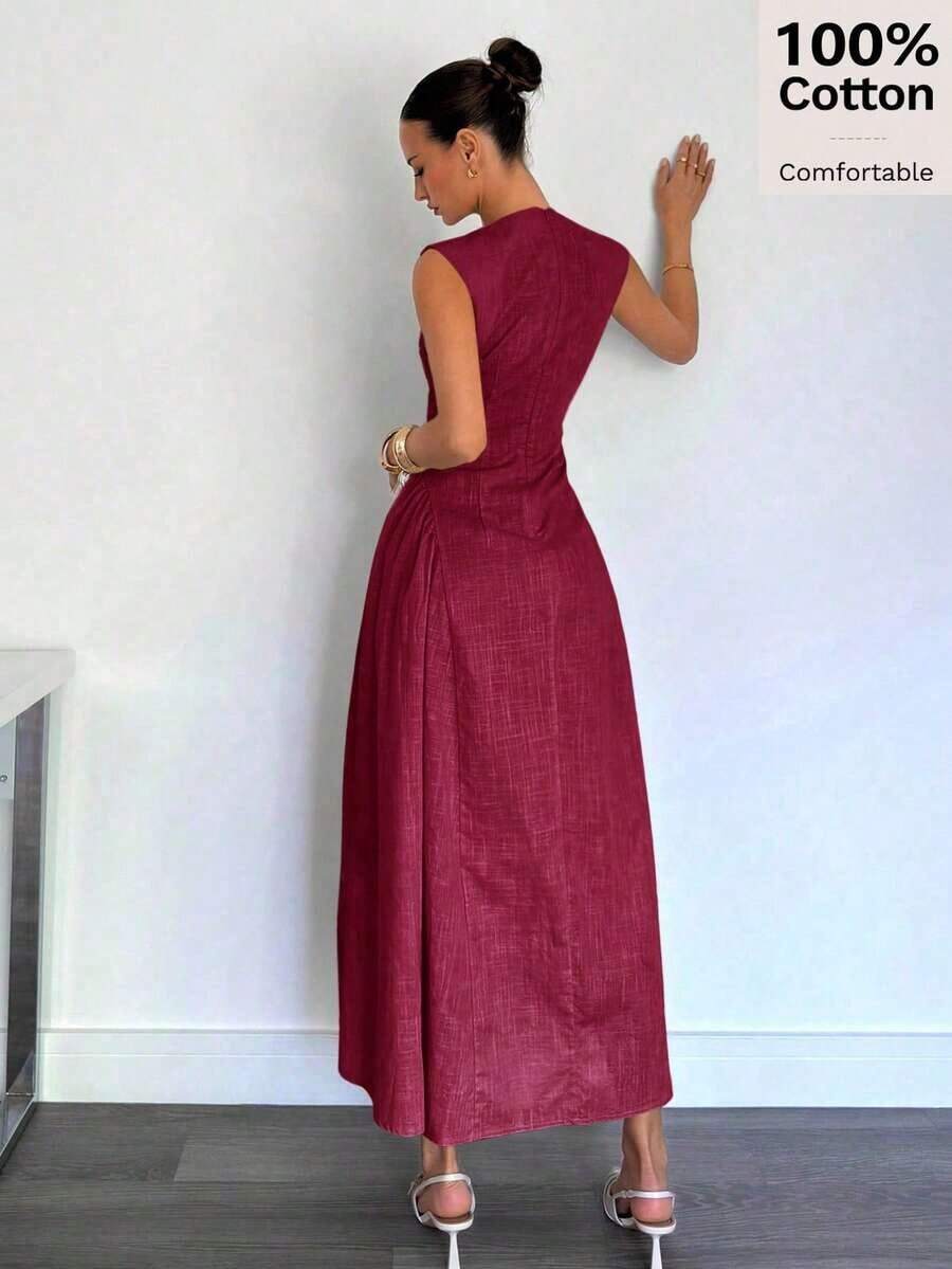Vestido Largo con Cierre y Decoración Metálica para Mujer , Nuevo Vestido de Noche Elegante Negro de Verano para Eventos Formales - Burdeos - Ver 1
