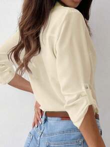 Camisa de mujer de manga larga de unicolor casual con puño - Albaricoque - Ver 2