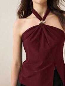 Top con cuello de halter, diseño de botón de metal verde, abertura lateral, elegante y chic para uso urbano y diario, estilo romántico retro de los 90.Adecuado para Navidad, Año Nuevo, San Valentín, fiestas, playa, graduación, moda, carnaval, bod - Burdeos - Ver 3