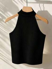 Blusa de unicolor con cuello halter, versátil para uso diario - Negro - Ver 2