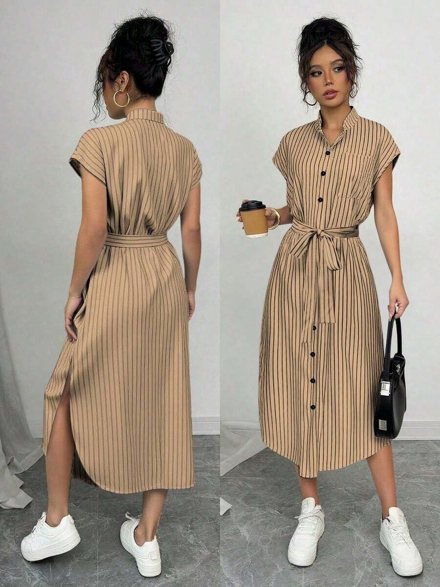 Vestido largo de manga corta para verano 2025, nuevo, con bolsillo, abertura lateral, cinturón y lazo, estampado de leopardo, para uso casual y de viaje - Caqui - Ver 1