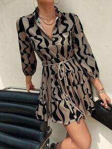 GENKIRA Vestido camisero con estampado todo sobre y cinturón, atuendos de trabajo y vacaciones para mujer - Multicolor 3 - Ver 5