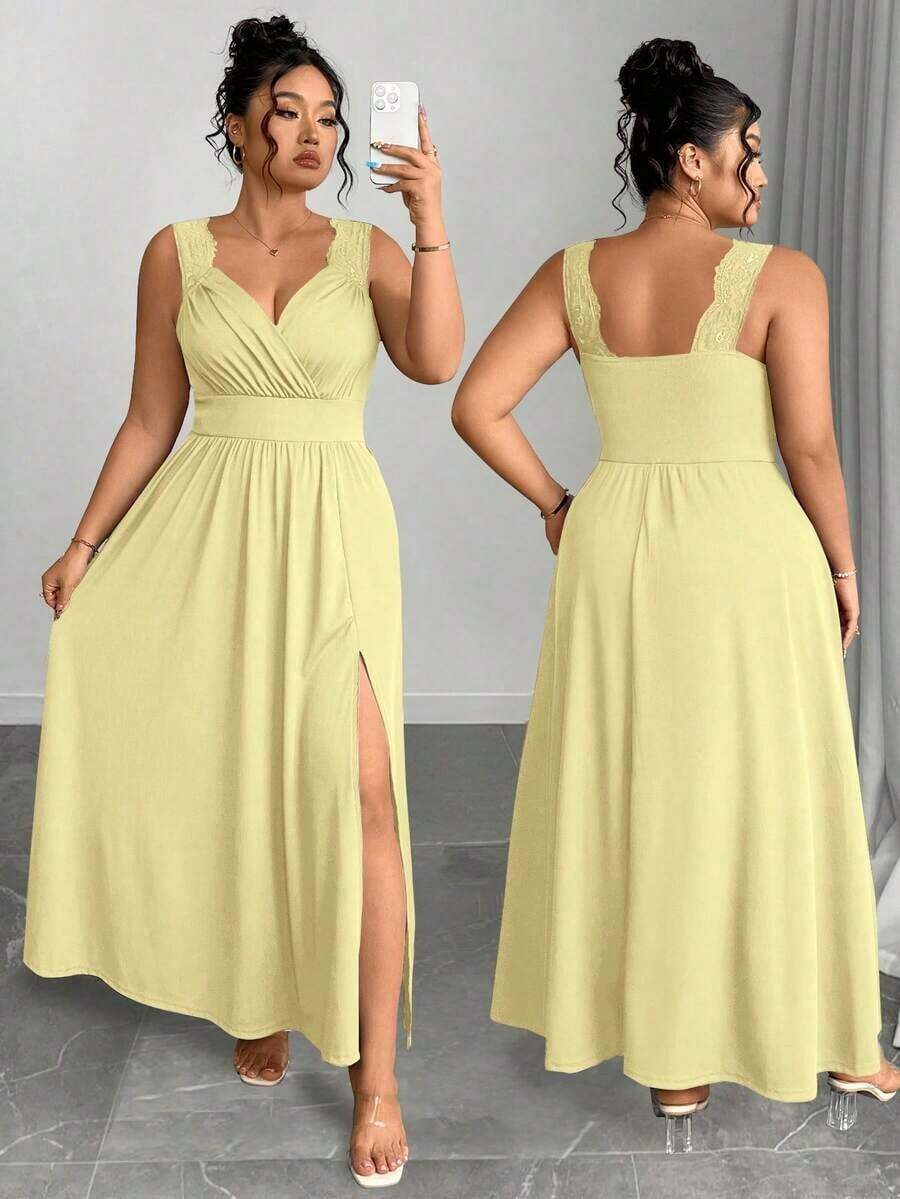 Elenzya Vestido línea A con cuello en V, contraste de encaje, tirantes finos y abertura para tallas grandes - amarillo ganso - Ver 1