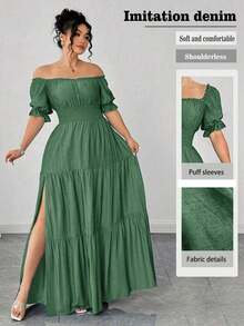 Vestido casual elegante de talla grande para mujer de primavera/verano, en azul sólido de aspecto de mezclilla con cintura fruncida y con abertura lateral - Verde - Ver 1