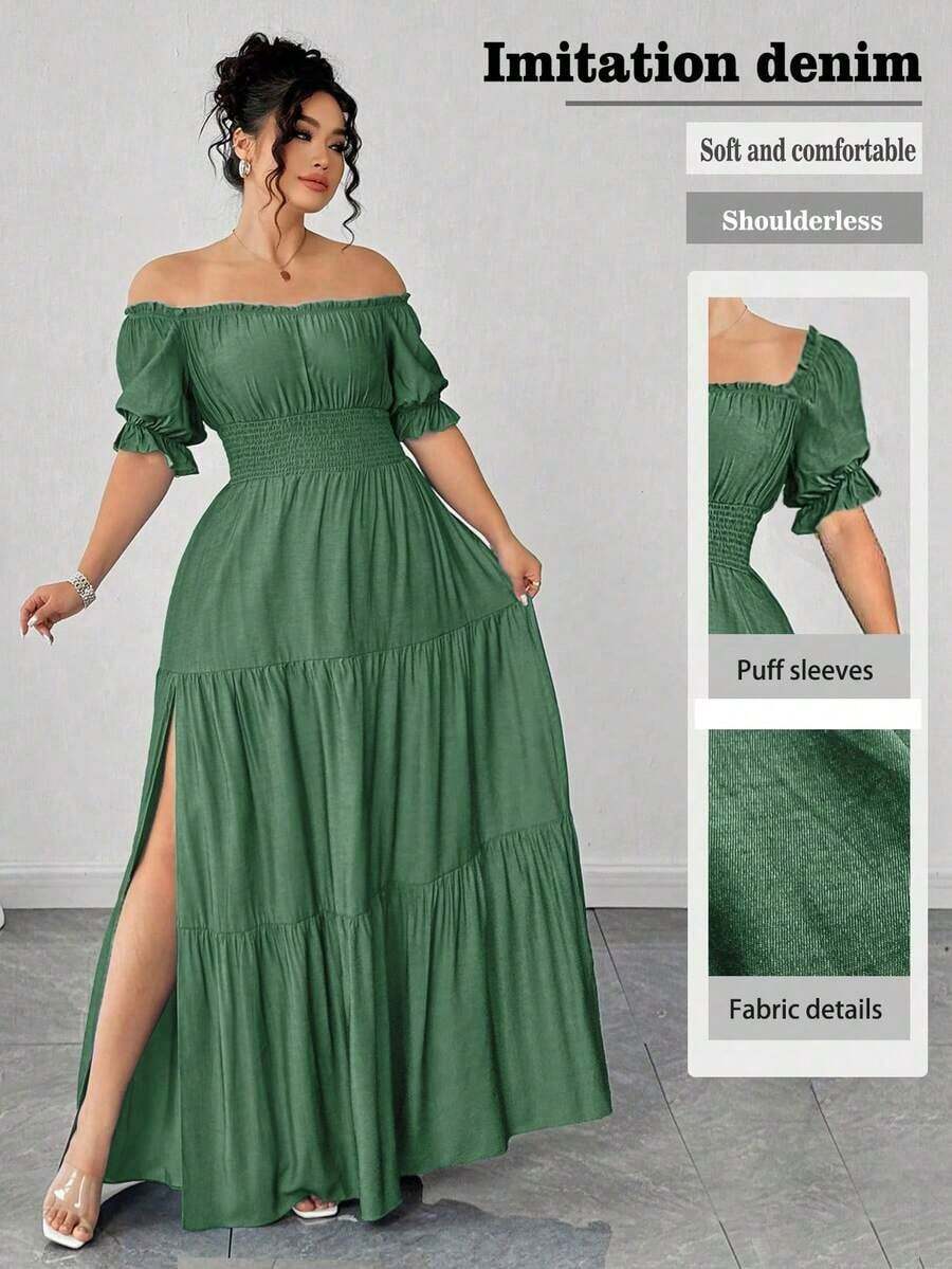 Vestido casual elegante de talla grande para mujer de primavera/verano, en azul sólido de aspecto de mezclilla con cintura fruncida y con abertura lateral - Verde - Ver 1