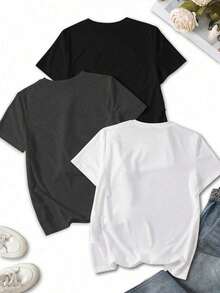Set de 3 camisetas de manga corta y cuello redondo con estampado de letras inglesas y corazones, camisetas gráficas casuales de verano para mujer - Multicolor 8 - Ver 2