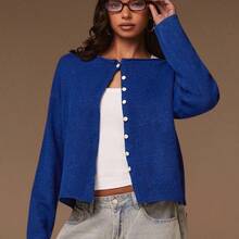 Women's Sapphire Blue Knit Cardigan, Soft Yarn Relaxed Straight Fit Classic Round Neck Drop Shoulder Long Sleeve Minimalist Chic Cardigan For Layering In Spring And Autumn,Bright Blue Knit Button Cardigan,Winter,New Year, Autumn/Winter, Blue Cardigan - Rosa Pálido - Ver 5