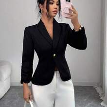Elenzya Elegant Rose Gold Metal Button Waist Cinched Shawl Neck Black Long Sleeve Women Thin Blazer - Negro - Ver 5
