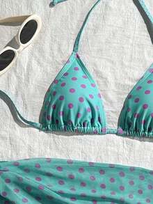 Swim Mod Conjunto de bikini de 3 piezas con estampado de lunares, escote halter y espalda con lazo, para vacaciones en la playa, atuendo de primavera, carnaval 2026, elegante, casual, traje de baño con falda - Azul - Ver 3