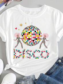 Camiseta Retro de Talla Grande para Mujer, Estilo Disco de los 70s y 80s - Diseño Gráfico de DISCO con Bola de Discoteca y Estampado de Baile, Manga Corta, Cuello Redondo, Top Casual de Verano, Atuendo Nostálgico Vintage de los 70s y 80s, Ideal para Fiestas de Baile y Eventos Temáticos - Blanco - Ver 11