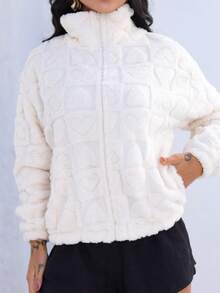 Women's Teddy Jacket With Heart Embossing, High Neck, Front Zipper, Pockets, Fleece Lined, Casual, Comfortable, , Autumn/Winter Fashion - trắng - Xem 3