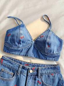 Conjunto de camiseta de tirantes con bordado de cerezas y shorts vaqueros informales para mujer, de verano - Lavado ligero - Ver 5