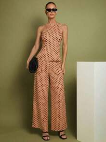 Set de 2 piezas de Top con hombros y pantalones a lunares para mujer, uso casual minimalista de todos los días - Amarillo - Ver 9