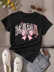 Camiseta suave 100% algodón. Camiseta casual de manga corta y cuello redondo para mujer con estampado gráfico de "Mama" y detalle de lazo rosa. Camiseta de algodón transpirable, combina con todo. - Negro - Ver 8