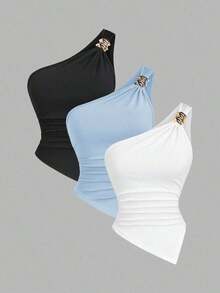 Blusa de unicolor minimalista con cuello asimétrico y hebilla de metal para mujer - Multicolor 3 - Ver 1
