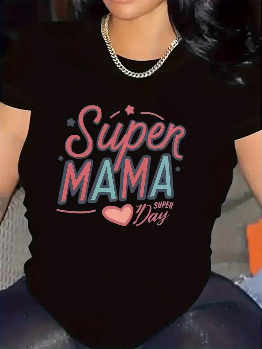 Soft Fabric T-Shirt For Mother's Day, Short Sleeve, Round Neck, Soft With Medium Elasticity, Lightweight And Breathable, Durable And Comfortable Print, An Ideal Casual Gift For Mothers, Mature Style, Suitable For All Seasons, Fashionable T-Shirt For Casual Wear. - 黑色 - 查看 1