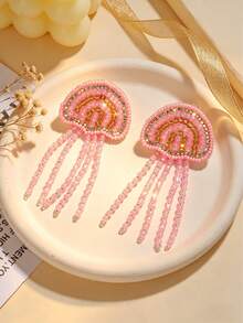 1 Pair Summer Limited Edition Pink Jellyfish Beaded Earrings, Handmade With Rhinestone Accents And Tassels, Fashionable Niche Accessory For Women, Suitable For Beach Parties, Summer Vacations, Daily Wear, Dates, Music Festivals - Multicolor - View 3