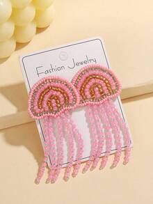 1 Pair Summer Limited Edition Pink Jellyfish Beaded Earrings, Handmade With Rhinestone Accents And Tassels, Fashionable Niche Accessory For Women, Suitable For Beach Parties, Summer Vacations, Daily Wear, Dates, Music Festivals - Multicolor - View 7