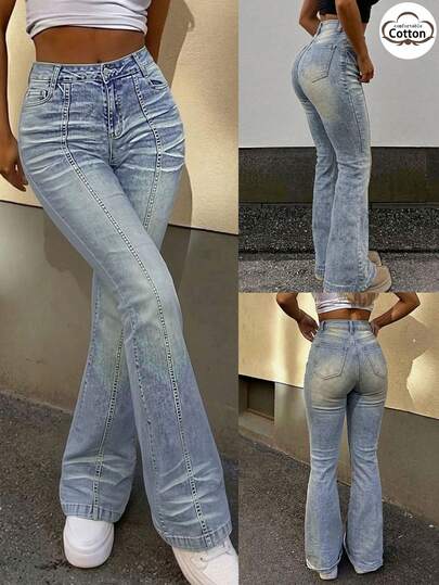 High-Waisted Flare Jeans, Y2K Aesthetic Gradient Wash Vertical Seam Denim Pants, Bohemian Style, Vacation, Summer, Elegant, Casual, Holiday
