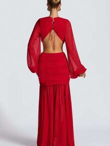 Vestido largo de gasa manga larga espalda descubierta color liso elegante - Rojo - Ver 4
