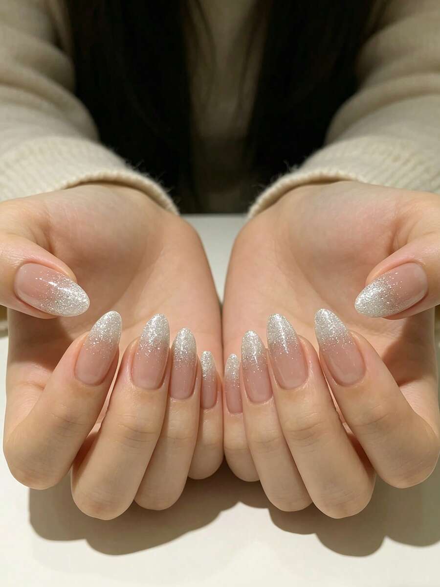 24片杏仁形银色闪粉渐变白粉假指甲,优雅时尚的银色闪粉渐变全覆盖假指甲,适合女性和女孩,1套随机颜色果冻凝胶+1块指甲抛光块 - 彩色 - 查看 1