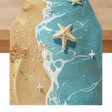 1pc Coastal Wave & Starfish Pattern Table Runner, Blue White Beige Patchwork, Fresh Ocean Style, Large Size, Suitable For Home Gatherings, Indoor/Outdoor Decor, Entryway, Coffee Table, Living Room Ambiance, Kitchen Dining, Holiday Nature Gift - Multicolor - View 11