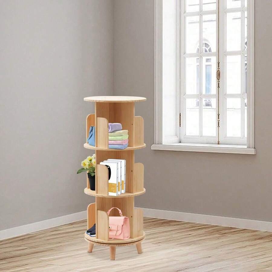 3 Tier Rotating Display Bookshelf 360 Display Floor Standing Pine Wood Bookcase - Rotating Bookshelf - View 1
