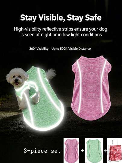 3 PiecesSummer Quick-Drying Pet Vest Set, Light Green & Light Pink Breathable Cooling Unlined Dog Cat T-Shirt With Reflective Strips, Soft Elastic Windproof Outfit For Small Medium Dogs Cats, Perfect Holiday Gift With Luxury Gift Bag