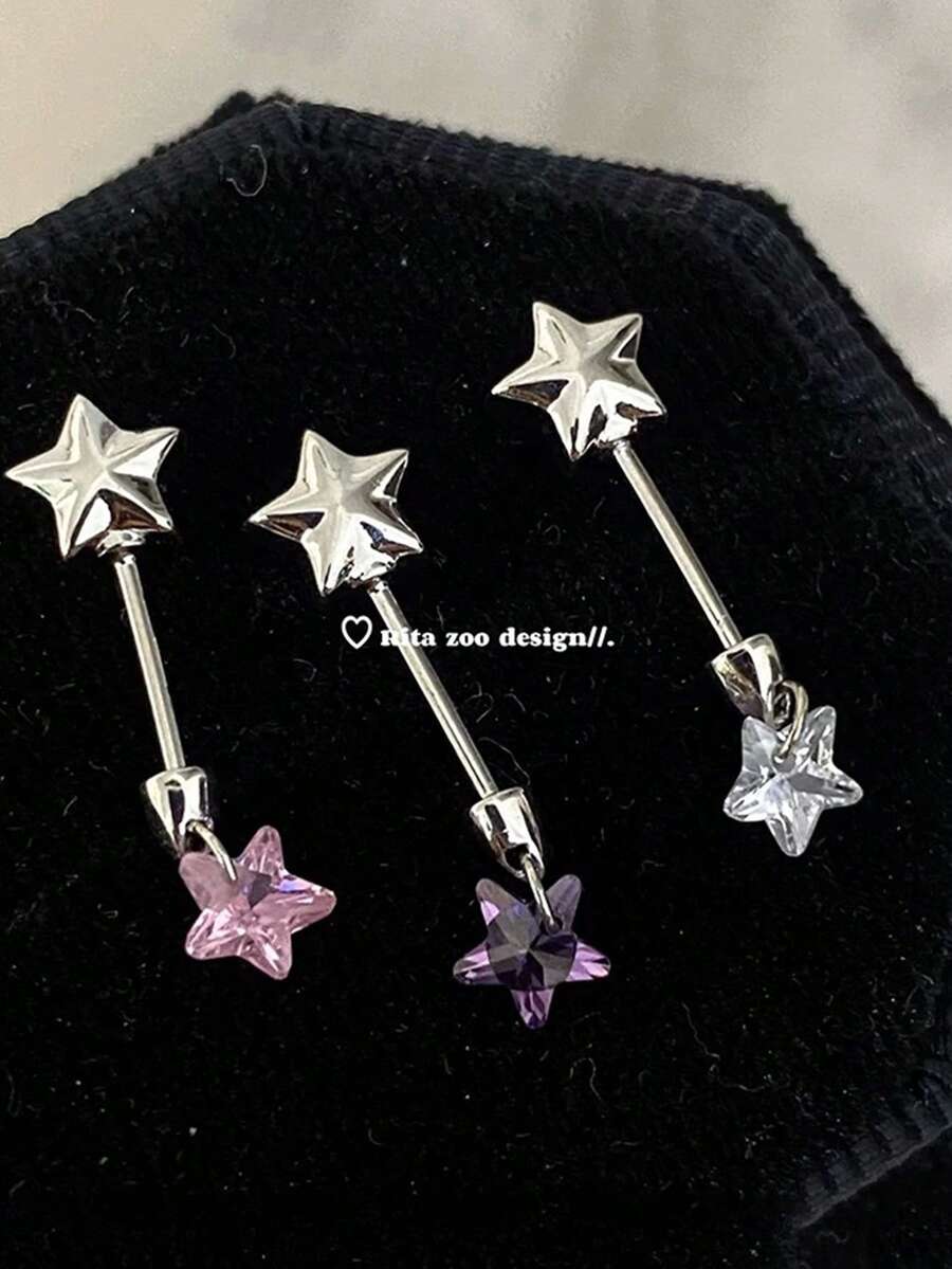 单星耳骨耳环,彩色五角星权杖设计,百搭时尚耳夹 - 彩色 - 查看 1