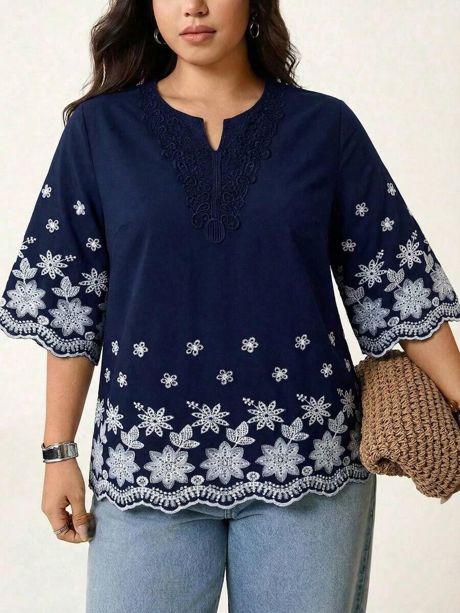Blusa de verano de talla grande, de unicolor, hueca, bordada, casual, para vacaciones, temporada de bodas, nuevo diseño de playa para mujer - azul real - Ver 1
