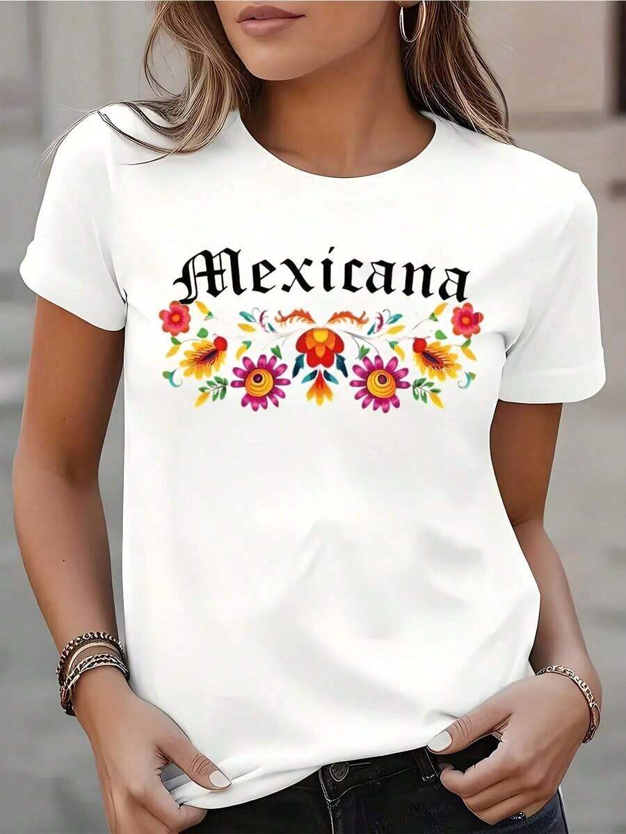 Camiseta de manga corta con cuello redondo y estampado floral mexicano para mujer, ideal para uso casual, festivales y eventos culturales. Tela cómoda, adecuada para regalar. - Blanco - Ver 1