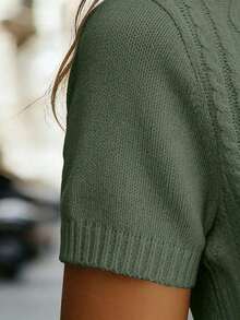 Blusa de punto ajustada con cuello en V y manga corta, color albaricoque, con detalle de trenzado, uso diario minimalista - Verde militar - Ver 6